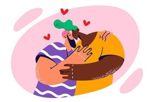 Multiethnic couple of man and woman make passionate kissing after long separation or break in relationship. Multiracial afro american girl and man kissing during walk or date together vector