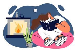 mujer es leyendo libro disfrutando interesante trama y sentado en fácil silla cerca chimenea. niña leyendo libro en cómodo hogar ambiente estudios profesional literatura a ganancia nuevo habilidades vector