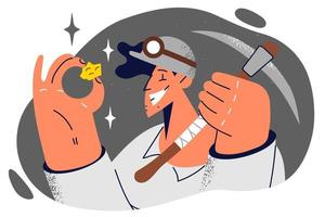 Man miner holds gold nugget rejoices in long-awaited extraction of precious metal underground. Miner in working uniform with pick in hand examines piece of gold found during excavations vector