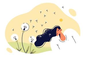 Teenager girl walking in spring meadow blowing dandelions enjoy fresh air and warm weather. Concept summer outdoor recreation with natural flora and dandelions growing in meadow causing allergies vector