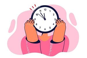Woman hides face behind watch to show tiredness from regular overwork and overload due to strict deadlines. Concept time management at work to avoid overwork and optimize business processes vector