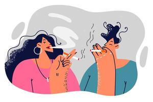 Man and woman smoking cigarettes enjoying tobacco smoke and gossiping during work break. Guy and girl who smoke cigarettes spoil their health due to addiction to bad habit that causes cancer vector