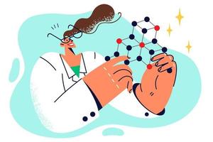 Model of molecular structure of substance in hands of woman scientist engaged in research in field genetics. Female laboratory assistant in white coat is experimenting with molecular structure of DNA vector