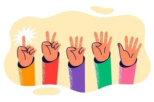 manos con diferente número de doblado dedos comenzando desde uno a cinco para enseñando matemáticas a colegio o en jardín de infancia. concepto de utilizando manos a tren niños a contar en dedos vector