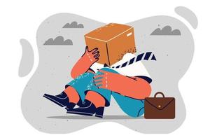 Fallen man with cardboard box on head for concept of disorientation and lack of strategy for company. Man in business clothes sits on ground hiding face behind box and delivery service vector