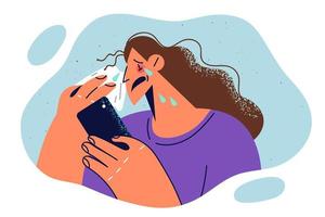 Crying woman wipes tears with handkerchief and holds phone while watching melodrama film or touching video. Girl with phone starts to crying after quarrel with boyfriend in internet chat vector