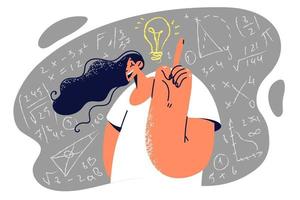 Woman student came up idea stands at blackboard covered with formulas solving mathematical exercise. Light bulb near head of student girl raised finger having come up with brilliant idea vector