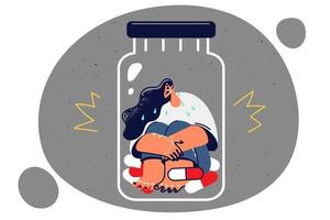 Tearful woman sits inside transparent antidepressant jar being held hostage by addictive pills to treat depression. Crying girl addictive drugs recommended by attending psychotherapist vector