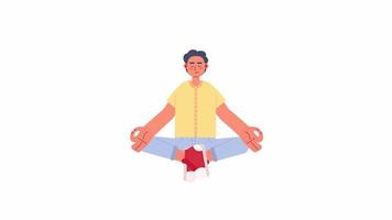 animiert Yoga zum Stress Erleichterung. Mann mit geschlossen Augen im Meditation. eben Charakter Animation auf Weiß Hintergrund mit Alpha Kanal Transparenz. Farbe Karikatur Stil 4k Video Aufnahmen zum Netz Design