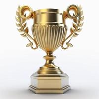 Golden trophy with reflections, white background. AI digital illustration photo