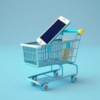 Shopping cart with cell phone inside, background. AI photo