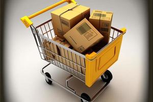 Shopping cart full of cardboard boxes, background. AI photo