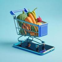 Shopping cart on mobile phone screen, blue background. AI photo