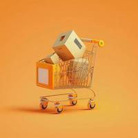 Shopping cart full of cardboard boxes, background. AI photo