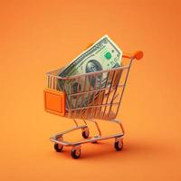 Shopping cart with money inside, orange background. AI photo