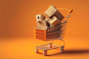 Shopping cart full of cardboard boxes, background. AI photo