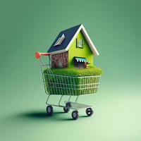 Shopping cart with house inside, illustration, green background. AI photo