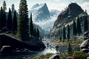 Landscape with forest, mountain and sky with clouds. AI photo