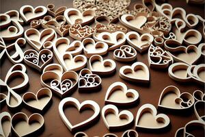 Heart-shaped paper and cardboard cutouts, Valentine's Day. AI photo