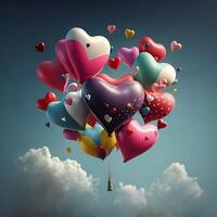 A bunch of colorful heart-shaped balloons in the sky with clouds, Valentine's Day. photo