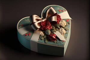 Heart-shaped gift box, red roses, bow. Valentine's Day. photo