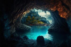 Cave with lake of blue water with mountains in the background. photo