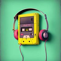 Walkman and colorful headset, 80s, retro. AI photo