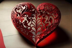 Decoration in the shape of a red heart, cut out, on a wooden table, Valentine's Day. photo