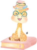 carino contento giraffa ragazzo animale indietro per scuola con Borsa e libri, bambini acquerello illustrazione png
