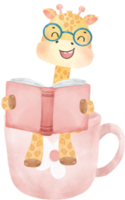 cute happy giraffe kid animal back to school with bag and books, children watercolour illustration png