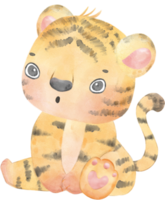 söt Lycklig lekfull bebis tiger vattenfärg unge djur vilda djur och växter tecknad serie målning illustration png