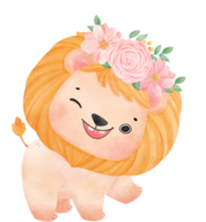 Cute sweet happy baby lion with floral crown watercolour kid animal illustration png