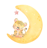 söt ljuv oskuld bebis tiger på drömmande halvmåne måne fas unge barnkammare vattenfärg illustration png