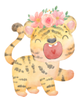 cute baby playful tiger with floral crown, whimsical children animal watercolour illustration png