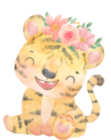 cute baby playful tiger with floral crown, whimsical children animal watercolour illustration png