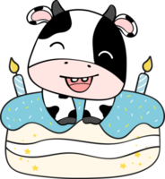 Cute happy smile baby cow celebrating birthday party children cartoon character doodle hand drawing png