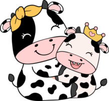 fofa feliz sorrir mãe vaca e bebê vaca abraçando crianças desenho animado personagem rabisco mão desenhando png