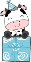 Cute happy smile baby cow celebrating birthday party children cartoon character doodle hand drawing png