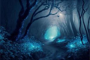 Mystical forest with blue fog. AI photo