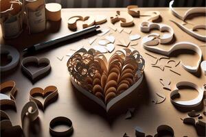 Heart-shaped paper and cardboard cutouts, Valentine's Day. AI photo