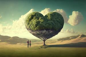 Heart-shaped tree landscape , open sky, Valentine's Day. AI photo