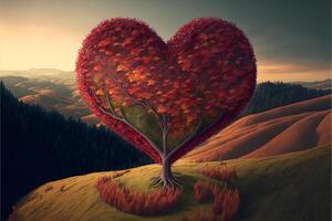 Heart-shaped tree landscape , open sky, Valentine's Day. AI photo