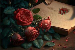 Flowers, red roses with love letter on the table, valentine's day. AI photo