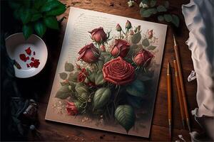 Flowers, red roses with love letter on the table, valentine's day. AI photo