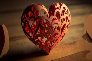 Decoration in the shape of a red heart, cut out, on a wooden table, Valentine's Day. photo