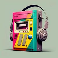 Walkman and colorful headset, 80s, retro. AI photo