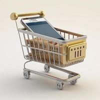 Shopping cart with cell phone inside, background. AI photo