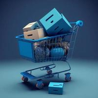 Blue shopping cart full of boxes. AI photo