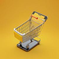 Shopping cart on mobile phone screen, yellow background. AI photo