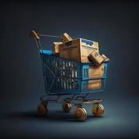 Blue shopping cart full of boxes. AI photo